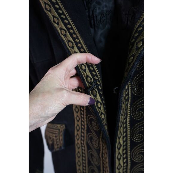 Paparazzi by Biz Black Long Denim Coat Embroidered w/ Gold Tan Intricate Design - Picture 6 of 10